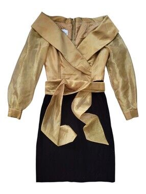 Vintage Niki Dress USA Union Made Off Shoulder Gold Organza & Black Velvet 12